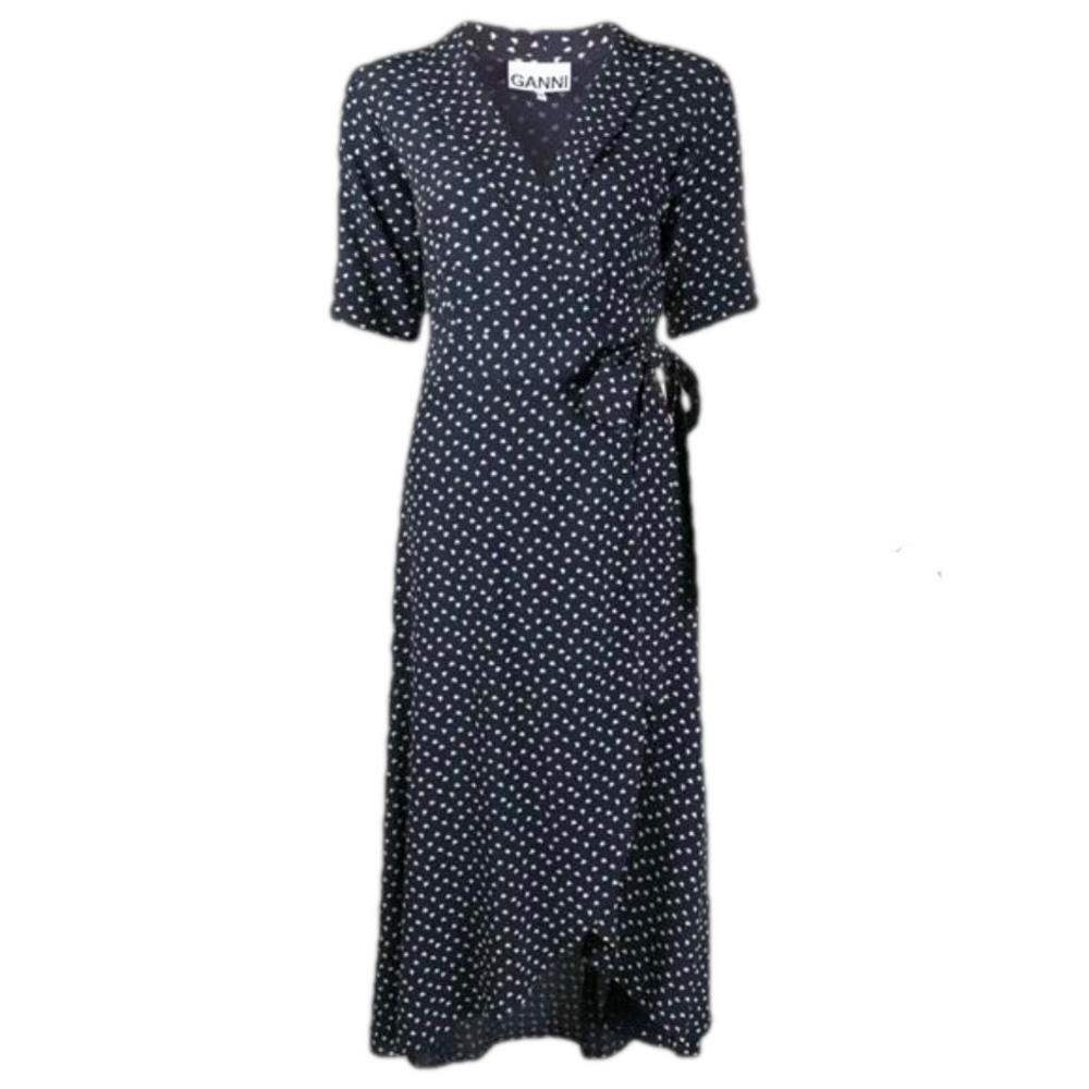GANNI Navy Heart Polka Dot Wrap Dress Size 34 (US 2) | Midi V-Neck Tie Waist